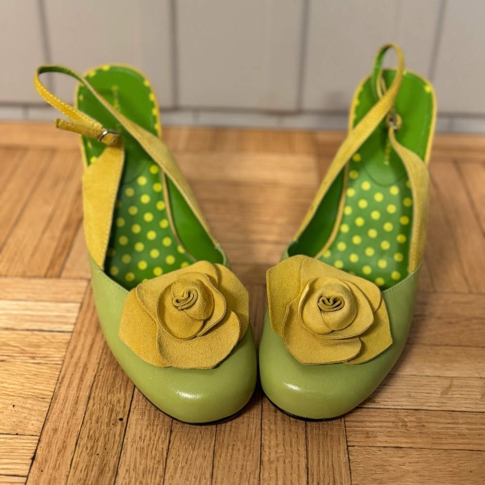 Floral Slingback Heels in Green and Yellow